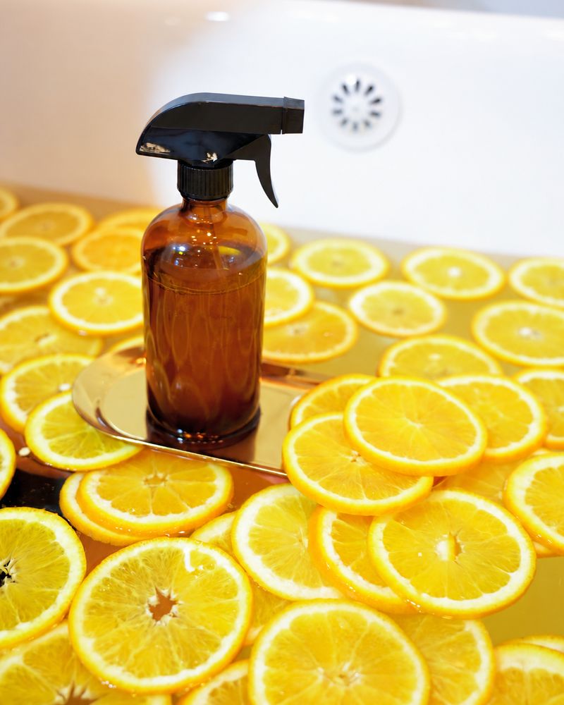 An amber spray bottle surrounded by floating orange slices